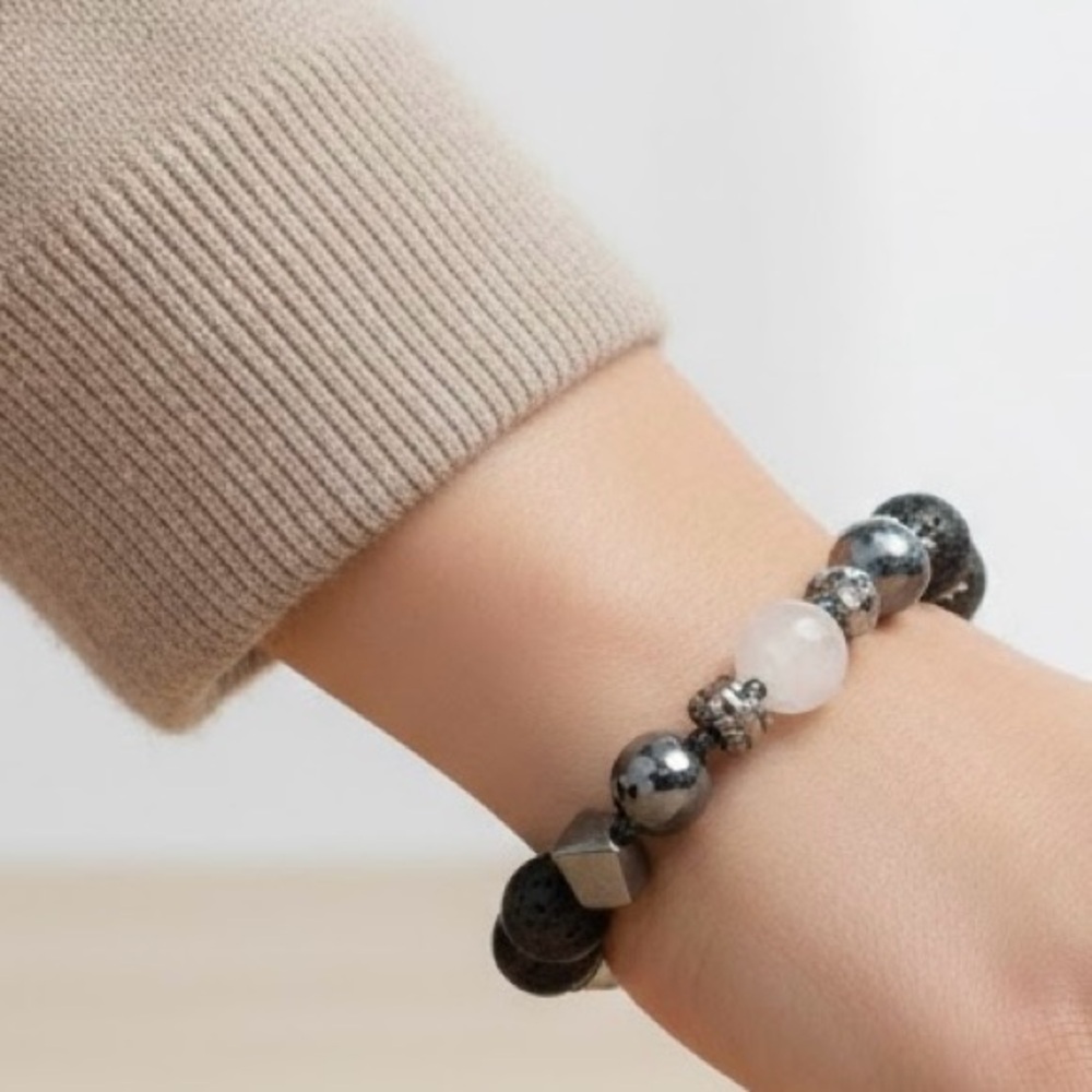 Lava Rock Black and Silver Beaded Bracelet